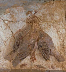 Drie hangende vogels uit Pompeii, Italië (muurschildering)