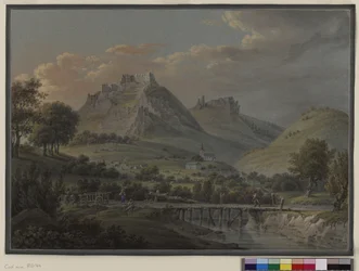 Gezicht op het kasteel Sirok, Hongarije, district Heves; Gouache van Franz Jaschke