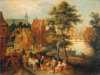 Vlaams dorp doorkruist door een rivier met karren op de weg ...