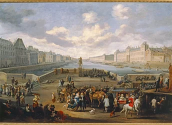 Gezicht op Parijs met het Louvre, genomen vanaf de Pont Henri IV ...