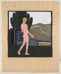 Staand mannelijk naakt in een landschap, ca. 1914 (gouache op papier)