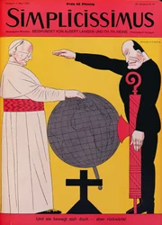 Paus Pius XI (1857-1939) en Mussolini (1883-1945) ten tijde van het Verdrag van Lateranen in 1929, omslagillustratie van 