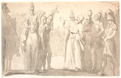Figuratieve scène met een heilige, gehoornde man tussen Romeinse soldaten