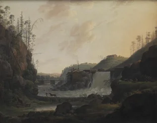 Rivierlandschap met een waterval bij Bogstad in Noorwegen