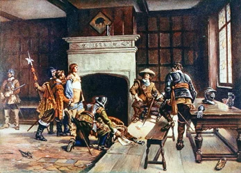 Oliver Cromwell (1599-1658) bij de Blue Boar in Holborn, illustratie uit 