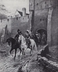 Oliver Cromwell met zijn leger bij Bootham Bar, York toen Karel II in 1650 probeerde de troon te heroveren