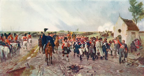 Wellingtons mars van Quatre Bras naar Waterloo (kleurenlitho)