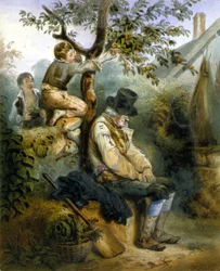 Kinderen stelen appels onder de neus van de slapende boer - lithografie door Grenier, ca. 1840