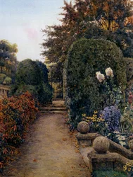 De tuin van de meester, Clare College, Cambridge, Engeland. Kleurrijke tuin met balkon en roltrap. Peinture de E. Arthur Rowe (-1922 Brits) Collectie privee