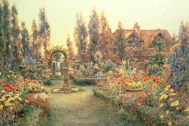 Uitzicht op een landhuis en tuin