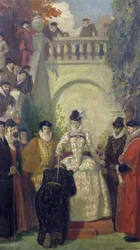 Koningin Elizabeth I riddert Sir John Young op de trappen van zijn eigendom, The Great House, Bristol, 1910-20