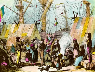 Families van emigranten gekampeerd in de haven van Le Havre. Gravure door Ernest Charton (1813-1905) Gravure van de 19e eeuw Privécollectie