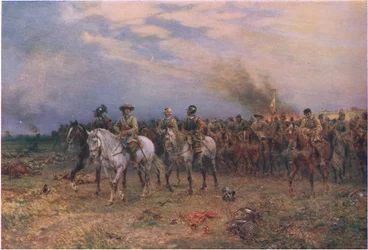 Cromwell bij Marston Moor, uit Cassells Geschiedenis van het Britse Volk gepubliceerd door de Waverley Book Company Limited, ca. 1940