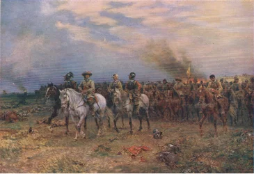Cromwell bij Marston Moor, illustratie uit De Geschiedenis van het Britse Volk gepubliceerd door Waverley, ca. 1940