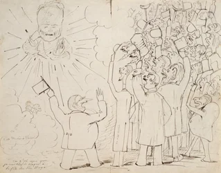 De viering voor Oude Hugo, karikatuur van Victor Hugo (1802-85) uit een brief aan Paul Verlaine, ca. 1880