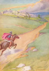 Een boodschapper werd gezien die zijn paard naar de stad spoorde, ca. 1912