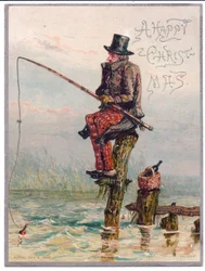 Victoriaanse kerstkaart van een Victoriaanse man die op een boomstronk zit te vissen, ca. 1880