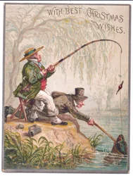 Victoriaanse kerstkaart van twee mannen die vissen bij de rivier, ca. 1880