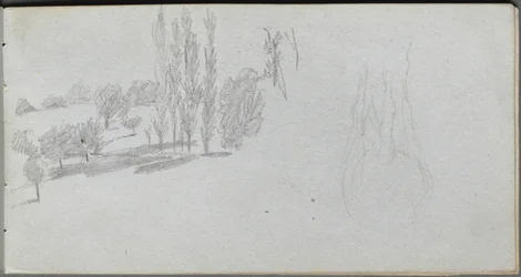 Schetsboek, pagina 18: Studie van een paard en landschapstudie