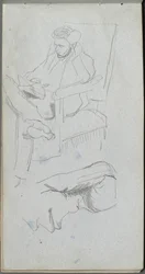 Schetsboek, pagina 24: Zittende mannelijke figuur