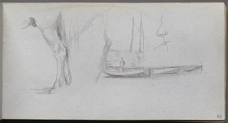 Schetsboek, pagina 43: Studies: Paardenbeen, figuur in een boot en profiel