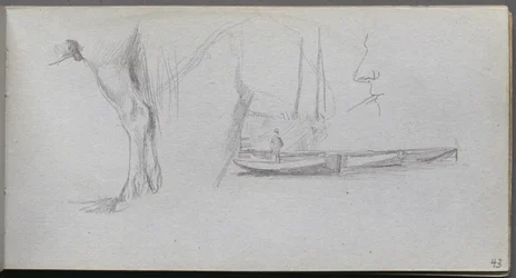 Schetsboek, pagina 43: Studies: Paardenbeen, figuur in een boot en profiel