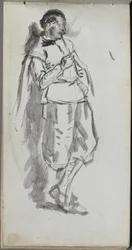 Schetsboek, pagina 46: Staande mannelijke figuur
