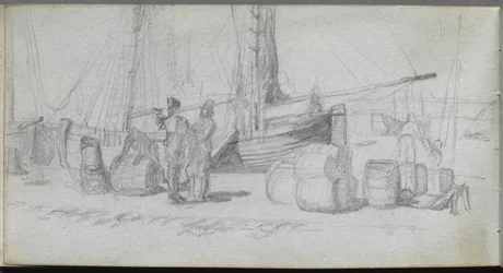 Schetsboek, pagina 50: Boten, figuren, vracht op een strand
