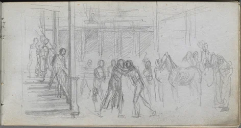 Schetsboek, pagina 62: Figurenstudie, trap, paard
