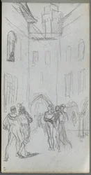 Schetsboek, pagina 63: Figuren in een binnenplaats