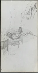 Schetsboek, pagina 71: Studie van een figuur lezend in bed, studie van een hand