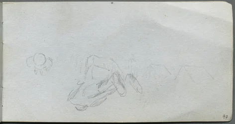 Schetsboek, pagina 97: Studie van figuren, gebouwen