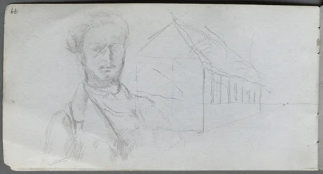 Schetsboek, pagina 99: Studie van figuur, gebouw