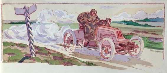 Henri Fournier in zijn Mors tijdens de Parijs-Berlijn rally in 1901, ca. 1910
