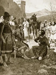 David, koning van de Schotten, spreekt recht, illustratie uit 