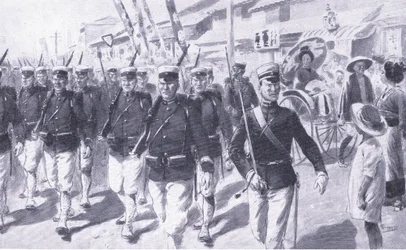 Japanse mars door Tokio, illustratie uit Cassells Geschiedenis van de Russisch-Japanse Oorlog Vol 1, ca. 1900