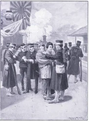 Troepen verlaten Tokio, illustratie uit Cassells History of the Russo-Japanese War Vol 1, ca. 1900