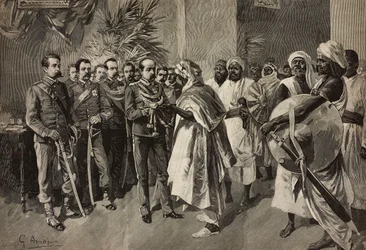 Generaal Tancredi Saletta biedt zwaard aan Kantibai, hoofd van Abab, Massawa, Eritrese oorlog