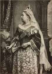 Hare Majesteit Koningin Victoria bij viering van 50e verjaardag van haar kroning, gravure door Ernesto Mancastroppa naar foto van Walery, uit L