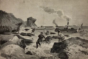 De moord op luitenant Carlo Zavagli (1867-1890) in Warsheikh, in Somalië, 24 april, gravure door Ernesto Mancastropa naar een tekening van Gennaro Amato, uit L