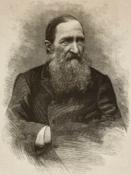 Dichter Jozef Ignacy Kraszewski (1812-1887) in Genève op 19 maart, gravure door Ernesto Mancastroppa van foto door Romarolo, uit L