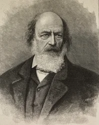 Portret van Alfred Tennyson (1809-1892), Britse dichter, gravure door Ernesto Mancastroppa van foto door Barraud, uit L
