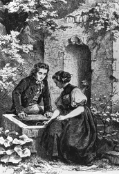 Hermann en Dorothy bij fontein, illustratie voor Hermann en Dorothea, idylle door Johann Wolfgang von Goethe (1749-1832), gravure naar tekening door Ernst Bosch (1834-1917)