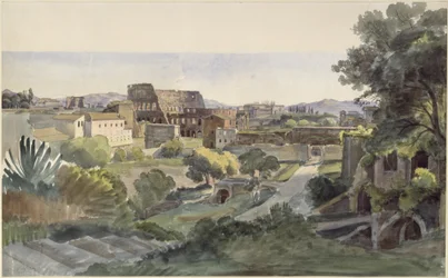 Gezicht op het Forum Romanum met het Colosseum richting Lateranen