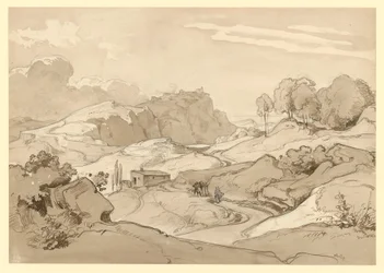 Italiaans landschap met rotsachtige heuvels en bomen, een hut en staffagefiguren langs de weg