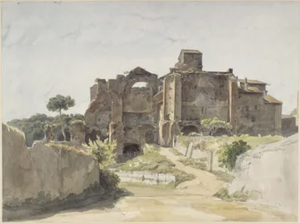 Kerkruïne met later aangebouwde woongebouwen in Albano