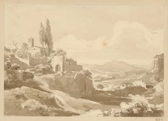 Landschap in de Albanese Bergen, met links op de hoogte een poort en een kerk