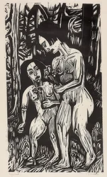 Twee naakte meisjes met bloemen in het bos. 1923