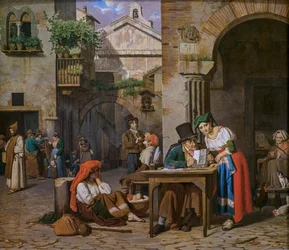 Een Romeinse schrijver leest een brief aan een jonge vrouw