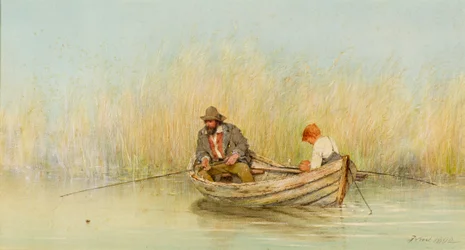 Studie van een Man en een Jongen die Vissen vanuit een Boot